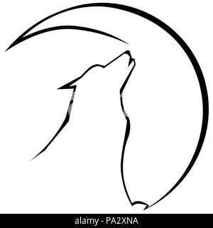 Silhouette di lupo ulula alla luna logo minimalista, tattoo Illustrazione Vettoriale