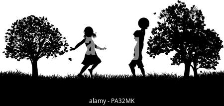 I bambini che giocano nel parco Silhouette Illustrazione Vettoriale