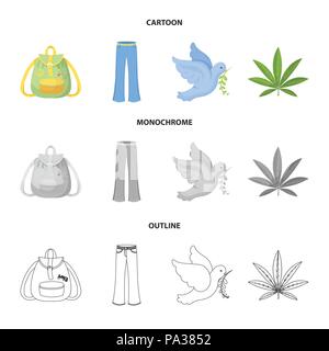 Una foglia di cannabis, una colomba, jeans, uno zaino.hippy di set di icone di raccolta in cartoon,contorno,monocromatico vettore stile simbolo illustrazione stock. Illustrazione Vettoriale