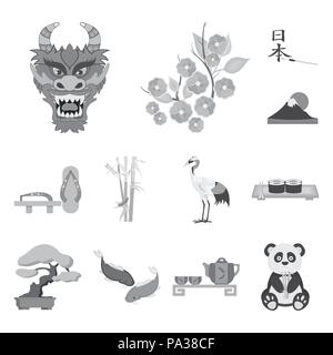 Paese Giappone icone monocromatiche in set di raccolta per design.Il Giappone e landmark simbolo vettore illustrazione stock. Illustrazione Vettoriale