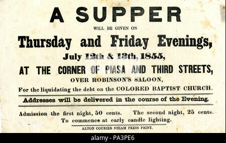 Pubblicità circolare una cena per beneficiare dei colori del Battista, che si terrà nel corso Robinson's Saloon, [Alton, Illinois]. 1855 luglio 12 & 13. Circolari raccolta, Missouri History Museum archivi, St. Louis. 313 pubblicità circolare una cena per beneficiare dei colori del Battista, che si terrà nel corso Robinson's Saloon, (Alton, Illinois), 12-13 Luglio 1855 Foto Stock