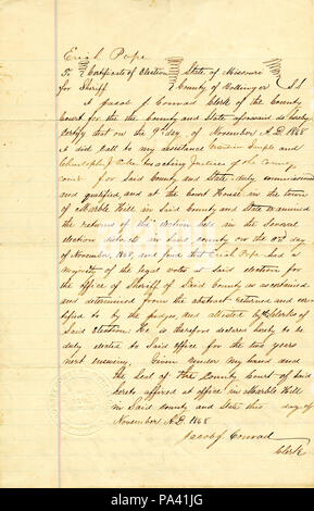 294 Certificato di elezione di Erich Pape per lo sceriffo della contea di Bollinger, Stato del Missouri, firmato Jacob J. Conrad, Novembre 1868 Foto Stock