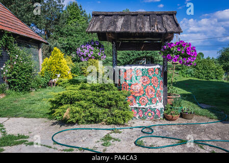 Bene nel villaggio di Zalipie in Polonia, noto per la sua tradizione locale di dipinti floreali reso famoso dalla popolare artista Curylowa Felicja Foto Stock