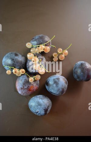 Prugne fresche strappate e mazzi di ribes bianco su sfondo marrone opaco. Foto Stock