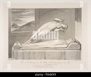 The Soul Hovering over the Body, Reluctantly Parting with Life, from The Grave, a Poem by Robert Blair. Artist: Luigi Schiavonetti (Italian, Bassano del Grappa 1765-1810 London); After William Blake (British, London 1757-1827 London). Dimensions: plate: 6 3/8 x 8 15/16 in. (16.2 x 22.7 cm)  sheet: 8 3/16 x 10 3/8 in. (20.8 x 26.4 cm). Publisher: Rudolph Ackermann, London (active 1794-1829). Date: March 1, 1813. Museum: Metropolitan Museum of Art, New York, USA. Foto Stock
