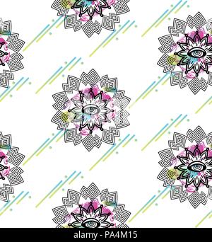 Modello senza soluzione di continuità con gli occhi di ipnosi. Vettore sfondo astratto. Psyphodelic multicolore e modello nero su sfondo bianco. Illustrazione Vettoriale