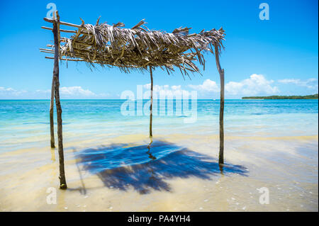 Rustico frond palm e il ramo di albero palapa sta aspettando di ombra ai visitatori di acque poco profonde in una remota spiaggia tropicale nel nord-est della Bahia, Braz Foto Stock