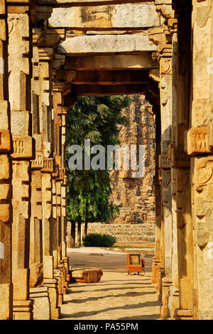 Colonne scolpite, Qutub Minar complesso, Mehrauli, New Delhi, India Foto Stock