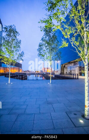 Sera colpo di isola di Mann, Liverpool, con edifici moderni, dock, alberi illuminato Foto Stock