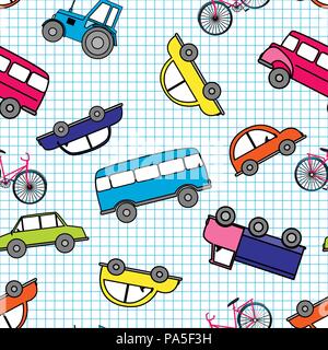 Carino disegnato a mano giocattolo per bambini il trasporto. Baby bright cartoon trattore, bus, auto vector seamless pattern su sfondo bianco. Illustrazione Vettoriale