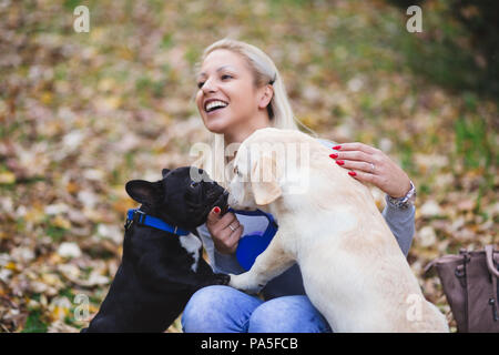 Bella donna bionda giocando con labador retriever e bulldog francese cucciolo nel parco. Foto Stock