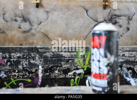 Graffiti utilizzata è in grado di spruzzare in una fabbrica abbandonata. Sullo sfondo dei graffiti. Bologna, Italia. Foto Stock