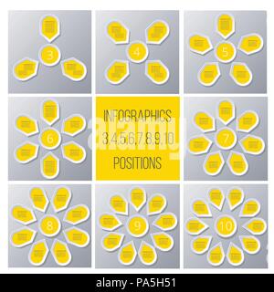 Impostare grafici processo ciclico. Infografico punti gialli disposti in cerchio sun, elementi per lo schema con 3, 4, 5, 6, 7, 8, 8, 9, 10 passi, opzioni, pa Illustrazione Vettoriale