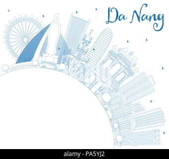 Delineare Da Nang Vietnam skyline della città con edifici blu e copia di spazio. Illustrazione Vettoriale. Viaggi di affari e turismo Concept Illustrazione Vettoriale