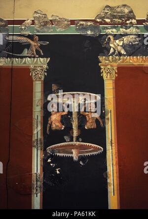 Pittura murale raffigurante una scena bacchic, tipica decorazione della Northwestern province dell'Impero Romano. Appartenente a una lussuosa villa romana rinvenuti a sud della cattedrale di Colonia, Germania. Museo Roman-Germanic. Colonia. Germania. Foto Stock