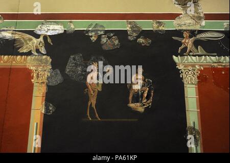 Pittura murale raffigurante una scena bacchic, tipica decorazione della Northwestern province dell'Impero Romano. Appartenente a una lussuosa villa romana rinvenuti a sud della cattedrale di Colonia, Germania. Museo Roman-Germanic. Colonia. Germania. Foto Stock