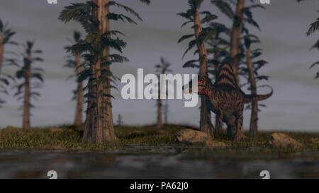 3D rendering del spinosaurus caccia nella giungla Foto Stock