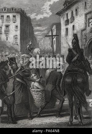 España. Suplicio de Rafael del Riego Flórez (1784-1823), militar y político español liberale, arrastrado en onu serón por las calles de Madrid hasta el patíbulo donde fue ahorcado y decapitado tras haber sido sentenciado a muerte por traición alta. Grabado de 1864. Foto Stock