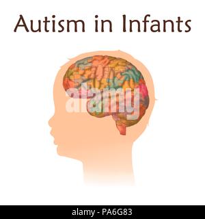 L'autismo infantile, illustrazione. Bambino del cervello con colorazione di puzzle. Foto Stock