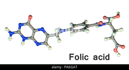 Acido folico (vitamina B9), il modello molecolare. Acido folico è una forma del vitamina idrosolubile B9. È essenziale per molte funzioni del corpo. Gli atomi sono rappresentati da sfere e sono codificati a colori: carbonio (grigio), Idrogeno (bianco), Azoto (blu) e ossigeno (rosso). Foto Stock