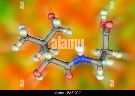 Vitamina B5 (ACIDO PANTOTENICO), modello molecolare. Questa vitamina è richiesto per la sintesi di coenzima A. Gli atomi sono rappresentati da sfere e sono codificati a colori: carbonio (grigio), Idrogeno (bianco), Azoto (blu) e ossigeno (rosso). Foto Stock
