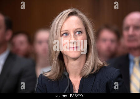 Washington, Stati Uniti d'America. 19 Luglio, 2018. Kathleen Laura Kraninger, testimonia davanti al Senato degli Stati Uniti Comitato bancario, alloggiamento e questioni urbane per la sua nomina a essere Direttore dell' Ufficio di presidenza del Consumer Financial Protection (CFPB) sul colle del Campidoglio di Washington il giovedì 19 luglio, 2018. Credito: Ron Sachs/CNP | Utilizzo di credito in tutto il mondo: dpa/Alamy Live News Foto Stock