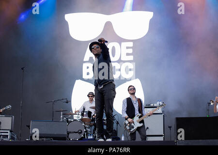 Pori, Finlandia. Il 20 luglio 2018. Cantante Soul Aloe Blacc effettuando al finlandese della open air festival Pori Jazz. Credito: Stefan Crämer/Alamy Live News Foto Stock