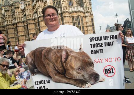 Londra, Regno Unito. Il 21 luglio 2018. vecchio cantiere Palazzo di Westminster , di attivisti per i diritti degli animali , l'obiettivo del nostro gruppo è di offrire consulenza e supporto per i proprietari di cani che sono minacciate dalla legge ingiusta che razza è una normativa specifica. Credito: Philip Robins/Alamy Live News Foto Stock