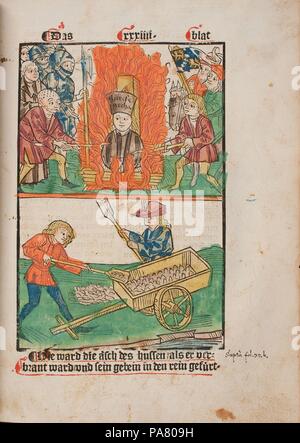 Jan Hus bruciato sul rogo e le sue ceneri gettate nel Reno. (Illustrazione dal Richental la cronaca illustrata). Museo: Herzog August Bibliothek Wolfenbüttel. Foto Stock