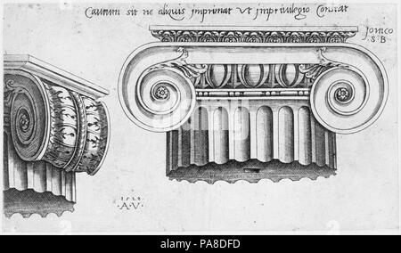 Speculum Romanae Magnificentiae": capitello ionico. Artista: Agostino Veneziano (Agostino dei Musi) (italiano, Venezia ca. 1490-dopo il 1536 Roma). Dimensioni: foglio: 4 1/4 x 7 5/16 in. (10,8 x 18,6 cm). Data: 1528. Questa stampa proviene dal museo della copia del Speculum Romanae Magnificentiae" (Lo specchio della magnificenza romana) lo specolo trova la sua origine nella pubblicazione si sforza di Antonio Salamanca e Antonio Lafreri. Durante la loro pubblicazione romana carriera, i due editori stranieri - che hanno lavorato insieme tra 1553 e 1563 - avviata la produzione di stampe la registrazione di opere d'arte, architectu Foto Stock