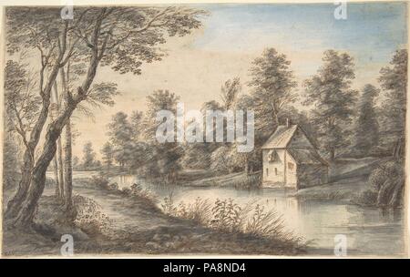 Paesaggio boscoso con una casa accanto a un fiume. Artista: Lucas Van Uden (fiammingo, Anversa 1595-1673 Anversa). Dimensioni: 6 1/4 x 10 1/16 in. (15,9 x 25,6 cm). Data: del xvii secolo. Museo: Metropolitan Museum of Art di New York, Stati Uniti d'America. Foto Stock