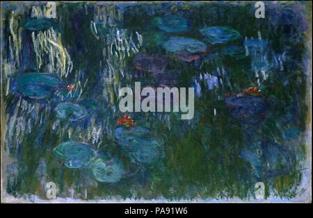 Water Lilies. Artista: Claude Monet (francese, Parigi 1840-1926 Giverny). Dimensioni: 51 1/4 x 79 in. (130.2 x 200.7 cm.). Data: 1916-19. Come parte della sua vasta piani di giardinaggio a Giverny, Monet aveva un laghetto scavato e piantate con gigli nel 1893. Dal 1899, egli ha ripetutamente rivolto al soggetto, il tentativo di catturare ogni osservazione, impressione, e la riflessione delle acque e fiori. Dal momento in cui ha iniziato questo lavoro Nella tarda adolescenza, Monet aveva raggiunto una completamente nuova, fluido e un po' audace stile di pittura in cui l'acqua-lily pond divenne il punto di partenza per una quasi abstra Foto Stock