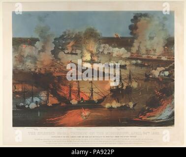 La splendida vittoria navale sul Mississippi, Aprile 24th, 1862: distruzione del ribelle Gunboats, montoni e di ferro rivestito le batterie dalla flotta dell'Unione sotto bandiera Officer Farragut. Dimensioni: Immagine: 15 7/8 × 22 1/4 in. (40,4 × 56,5 cm) foglio: 19 3/4 × 24 13/16 in. (50,2 × 63 cm). Editore: Currier & Ives (American, attivo a New York, 1857-1907). Data: 1862. La possibilità di acquisire il controllo del fiume Mississippi e commercio confederato principali erano gli obiettivi dell'Unione dall'inizio della guerra civile, e ha portato il presidente Abraham Lincoln per dichiarare un blocco dei porti meridionali in aprile 1861. Questa stampa di record un assau settentrionale Foto Stock