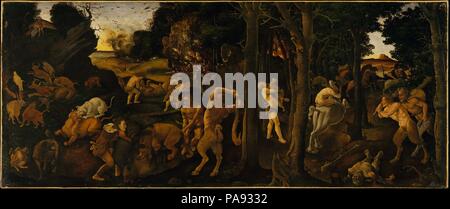 Una scena di caccia. Artista: Piero di Cosimo (Piero di Lorenzo di Piero d'Antonio) (Italiano, 1462-1522 Firenze Firenze). Dimensioni: 27 3/4 x 66 3/4 in. (70,5 x 169.5 cm.). Data: ca. 1494-1500. Questo è uno dei più singolari opere del rinascimento. Si tratta di ispirazione è stato il quinto libro di <i>sulla natura delle cose</i> da epicurei poeta e filosofo Lucrezio (ca. 99-55 a.C.). Un manoscritto di Lucrezio del lavoro è stato scoperto nel 1417 e pubblicato a Firenze nel 1471-73. Lucrezio ritiene che il funzionamento del mondo e l'evoluzione degli esseri umani può essere contabilizzata dalla naturale piuttosto th Foto Stock