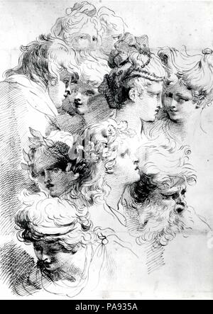 Un foglio di testa. Artista: Mauro Gandolfi (italiano, Bologna Bologna 1764-1834). Dimensioni: 11 7/16 x 8 1/16 in. (29 x 20,5 cm). Data: tardo 18th-metà del XIX secolo. Questo foglio lucido con dieci teste di cluster è un ottimo esempio di come l'artista della cosiddetta teste pittorica (teste pittoriche), un particolare tipo di disegno che ha avuto origine con l'artista bolognese Gaetano Gandolfi (1734-1802) e che il suo figlio Mauro ha continuato con grande successo commerciale. Sono inclusi i capi di diversi tipi: il vecchio uomo barbuto, ritratti di donne con complessi gonfie, e giovani con corone di alloro ispirato da antichità. Foto Stock