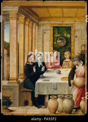 La festa di nozze di Cana. Artista: Juan de Flandes (Netherlandish, attivo dal 1496-morto 1519 Palencia). Dimensioni: 8 1/4 x 6 1/4 in. (21 x 15,9 cm). Data: ca. 1500-1504. Questo è stato uno dei quaranta-sette pannelli raffiguranti la vita di Cristo e la Vergine che sono state fatte per Isabella di Castiglia. L'immagine dell'oggetto è la festa di nozze di Cana, quando Cristo ha effettuato il suo primo miracolo trasformando l acqua in vino. Lo specchio convesso, visto dietro la coppia sposata, è un motivo comune nella pittura Netherlandish. La fase preparatoria underdrawing rivela un numero di dettagli aneddotica che non sono mai state verniciate. Foto Stock