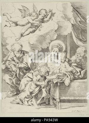 La Santa Famiglia con il giovane Giovanni Battista e di santa Elisabetta, due angeli sopra, dopo Reni. Artista: Dopo Guido Reni (italiano, Bologna 1575-1642 Bologna); anonimo del XVII secolo. Dimensioni: Foglio (rifilati): 9 13/16 × 7 5/8 in. (24,9 × 19,4 cm). Data: ca. 1590-1610. Copia in retromarcia dopo Reni. Il retro non è visibile come la stampa è prevista su un altro foglio di carta. Museo: Metropolitan Museum of Art di New York, Stati Uniti d'America. Foto Stock