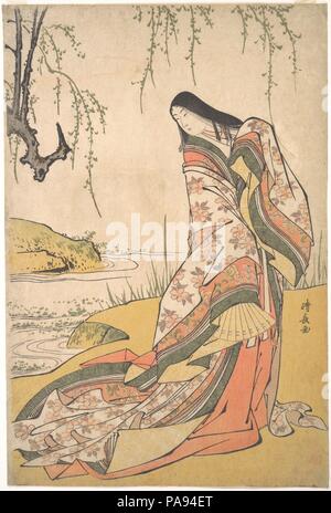"Kanjo": una corte Lady. Artista: Torii Kiyonaga (giapponese, 1752-1815). Cultura: il Giappone. Dimensioni: 15 x 10 in. (38,1 x 25,4 cm). Data: ca. 1790. Kiyonaga la collocazione delle donne nelle impostazioni all'aperto ha spianato la strada per il paesaggio delle stampe di prossima generazione. Qui il trattamento morbido di un salice accanto a un flusso, reminiscenza di Heian entrambi la poesia e la pittura cinese a pennello, serve come una lamina per il Sharp, linea angolare della figura. Il soggetto è di Ono no Komachi, la poetessa Heian, raffigurato in contesti formali juni-hitoe, o dodici-strato costume di corte. La infinitamente le tonalità del verde morbida, arancione Foto Stock