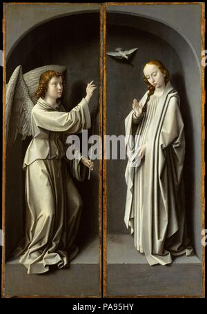 L Arcangelo Gabriele; la Vergine Annunciata. Artista: Gerard David (Netherlandish, Oudewater ca. 1455-1523 Bruges). Dimensioni: ala sinistra: 34 1/2 x 11 5/8 in. (87,7 x 29,5 cm), superfici verniciate 34 x 11 in. (86,4 x 27,9 cm); l'ala destra: 34 1/2 x 11 3/4 in. (87,6 x 30 cm), superfici verniciate 34 x 11 1/8 in. (86,4 x 28,3 cm). Data: ca. 1510. Gerard David dipinte in Bruges per tutta la sua vita. Dove ha addestrato è sconosciuto, anche se i suoi primi lavori mostrano l'influenza della sua northern Netherlandish radici, e dell'arte di Hugo van der Goes e Dieric in combattimento. Questi due pannelli dell'Annunciazione, insieme con le raffigurazioni di Foto Stock