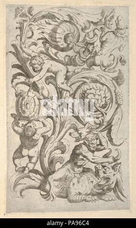 Disegni varii di Polifilo Zancarli. Artista: Polifilo Giancarli (attivo a Venezia ca. 1600-1625); Odoardo Fialetti (italiano, Bologna 1573-1637/38 Venezia). Dimensioni: foglio: 9 5/16 x 5 13/16 in. (23,7 x 14,7 cm). Pubblicato in: Venezia. Editore: Tasio Giancarli (italiano, attivo a Venezia (?) ca. 1625). Data: 1628 prima. Pannello verticale design con un'Acanto rinceau sgorga dal corpo di un drago-come creatura. Nell'angolo inferiore destro di un satiro ibrida figura è alle prese con il dragon-come mostro. Con la mano sinistra tiene a parte dell'Acanto scorrere dal quale la testa Foto Stock