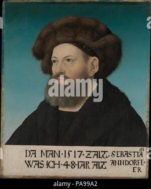 Sebastian Andorfer (1469-1537). Artista: Hans Maler (tedesco, Ulm, nato ca. 1480, morta ca. 1526-29 Schwaz (?). Dimensioni: 17 x 14 1/8 in. (43,2 x 35,9 cm). Data: 1517. Hans Maler ha lavorato come un ritratto del pittore nella città mineraria di Schwaz, appena ad est di Innsbruck. La Schwaz argento opere che appartenevano al più prospere in Europa, e Sebastian Andorfer, che viene mostrato in questo ritratto all'età di quarantotto, era uno dei suoi principali funzionari. Come <i>Silberbrenner</i> (raffinatore di argento) è stato responsabile per garantire la purezza di Schwaz argento, una fonte importante di reddito per l'Arco Asburgica Foto Stock