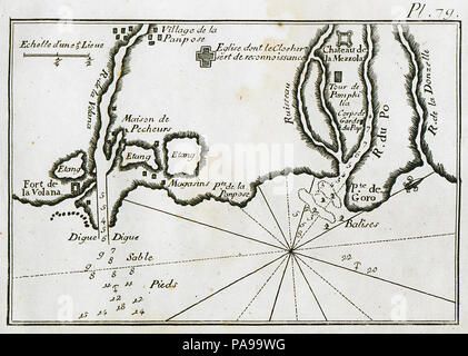167 Mappa dello Stretto di Volana e il fiume Po, al confine di Ferrara con Veneto - Roux Joseph - 1804 Foto Stock