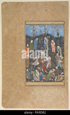 'Dancing dervisci', Folio da un divano di Hafiz. Artista: dipinto attribuito a Bihzad (ca. 1450-1535/36). Dimensioni: Pittura: H. 6 5/16 in. (16 cm) W. 4 1/4 in. (10,8 cm) Pagina: H. 11 3/4 in. (29,9 cm) W. 7 7/16 in. (18,9 cm) tappeto: H. 19 1/4 in. (48,9 cm) W. 14 1/4 in. (36,2 cm). Poeta: Hafiz (probabilmente 1325/6-90). Data: ca. 1480. La miniatura di un manoscritto disperso delle poesie di Hafiz raffigura i sufi o mistici dancing. In corte stile di Herat, il ritmo impostato dal moto vorticoso dei ballerini contrasta con le figure meditativa che circonda. Quelli superati da spostare Foto Stock