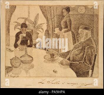 La sala da pranzo. Artista: Paul Signac (francese, Parigi Parigi 1863-1935). Dimensioni: 8 11/16 x 10 3/16 in. (22,1 x 25,9 cm). Data: 1886-87. Paul Signac era un praticante leader del Neoimpressionismo, il termine dato a un gruppo del tardo diciannovesimo secolo di artisti francesi che hanno sviluppato un sistema di armonia di colori utilizzando una tecnica di idiosincrasia della divisa segni del pennello e da imbianchino-come puntini. " La sala da pranzo e' rivisita Signac del dipinto dello stesso titolo e soggetto, mostrato al Paris Salon des Indépendants nel 1887. Signac fatto il disegno per illustrazione nel giornale francese "La vie moderne" (aprile Foto Stock