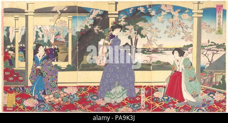 Una festa da ballo: godendo la fioritura dei ciliegi la visualizzazione a Ueno (Tobukai Ueno yuran oka no zu). Artista: Yoshu (Hashimoto) Chikanobu (giapponese, 1838-1912). Cultura: il Giappone. Dimensioni: Immagine: 14 a. × 28 1/4 in. (35,6 × 71,8 cm). Data: Marzo 1887. La scena è impostata alta su una collina nel Parco di Ueno affacciato sul laghetto di Shinobazu, nel famoso Seiyoken, uno del Giappone del primo occidentale ristoranti in stile. In primo piano un violinista femmina, la nuova donna di carriera, mostra con orgoglio la sua rara importate strumento come se si trattasse di trofeo. Con rose nel suo chignon e indossa una sinuosa trambusto, il violinista è dramma Foto Stock