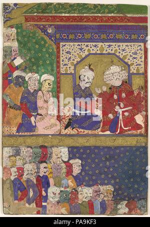 "La Corte di Ravana', Folio da un Ramayana. Dimensioni: Pittura: H. 10 7/8 in. (27,6 cm) W. 7 7/16 in. (18,9 cm) Pagina: H. 10 7/8 in. (27,6 cm) W. 7 7/16 in. (18,9 cm) tappeto: H. 19 1/4 in. (48,9 cm) W. 14 1/4 in. (36,2 cm). Data: ca. 1605. La pagina proviene da una copia del Ramayana probabilmente realizzato per il cortigiano Mughal Bir Singh Deo di datia. Ispirato dal quindicesimo secolo indiano e persiano di pittura, questa custodia folio è unico dagli altri in questo manoscritto. La schiera di demon cortigiani che frequentano le dieci punte di demone Ravana re vieni a destra fuori di Safavid dipinti del divs, mentre il o il Foto Stock
