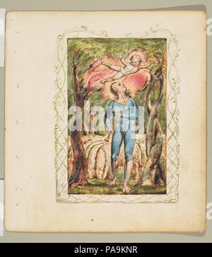 Canzoni di innocenza: Frontespizio. Artista: William Blake (British, Londra Londra 1757-1827). Dimensioni: foglio: 6 3/16 x 5 9/16 in. (15,7 x 14,1 cm). Data: ca. 1825. Questo frontespizio ai brani di innocenza illustra Blake "Introduzione", una poesia che proietta il poeta come un girovagare piper ispirata dalla visione di un Bambino divino: il piping giù le valli selvagge, brani di tubazioni di piacevole glee, su una nuvola ho visto un bambino, e lui Ridendo mi ha detto "tubo una canzone su un Agnello!" Così ho incanalati con allegria allegro . . . "Piper, sit te verso il basso e di scrivere in un libro che tutti possono leggere. Così egli scomparve fro Foto Stock