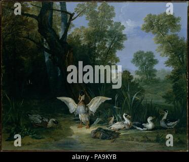 Anatre in appoggio al sole. Artista: Jean-Baptiste Oudry (francese, Parigi Beauvais 1686-1755). Dimensioni: 25 1/2 x 31 3/4 in. (64,8 x 80,6 cm). Data: 1753. Questa immagine e <i>cane guardia Gioco MORTI</i> (71.89) sono stati esposti al Salon del 1753, l'ultimo in cui Oudry ha partecipato. I due, mentre non è concepito come ciondoli, erano appesi insieme mediante il collettore Ange Laurent de La Live de Jully. Oudry ha costruito la sua reputazione pittura Louis XV e cacce al royal animali. Museo: Metropolitan Museum of Art di New York, Stati Uniti d'America. Foto Stock