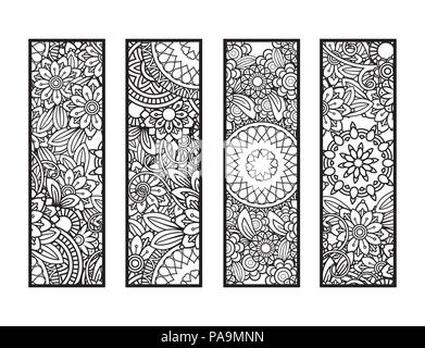 Set di quattro segnalibri in bianco e nero. Doodle fiori e ornamenti per adulto libro da colorare. Illustrazione Vettoriale. Illustrazione Vettoriale