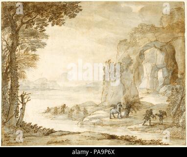 Perseo e l'origine del corallo. Artista: Claude Lorrain (Claude Gellée) (francese, Chamagne 1604/5?-1682 Roma). Dimensioni: 10 x 12 13/16 in. (25,4 x 32,5 cm). Data: ca. 1671. Il rappresentate raramente oggetto di Perseo e la provenienza di corallo è derivato dalle Metamorfosi di Ovidio. Questo disegno è uno dei sette noti studi preparatori per uno di Claude più importanti della fine dipinti: 'Coast vista con Perseo e l'origine del Corallo" (Collezione di coke, Holkham Hall, Norfolk), quattro delle quali raffigurano la intera composizione. Il dipinto fu commissionato dal suo patrono, Cardinale Camillo Massimi e execu Foto Stock